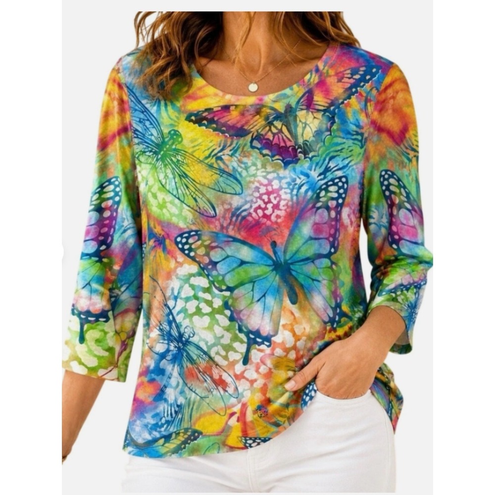 Ali Miles Butterfly Dragonfly Top Petite Medium Multi Color Artsy Eclectic Shirt